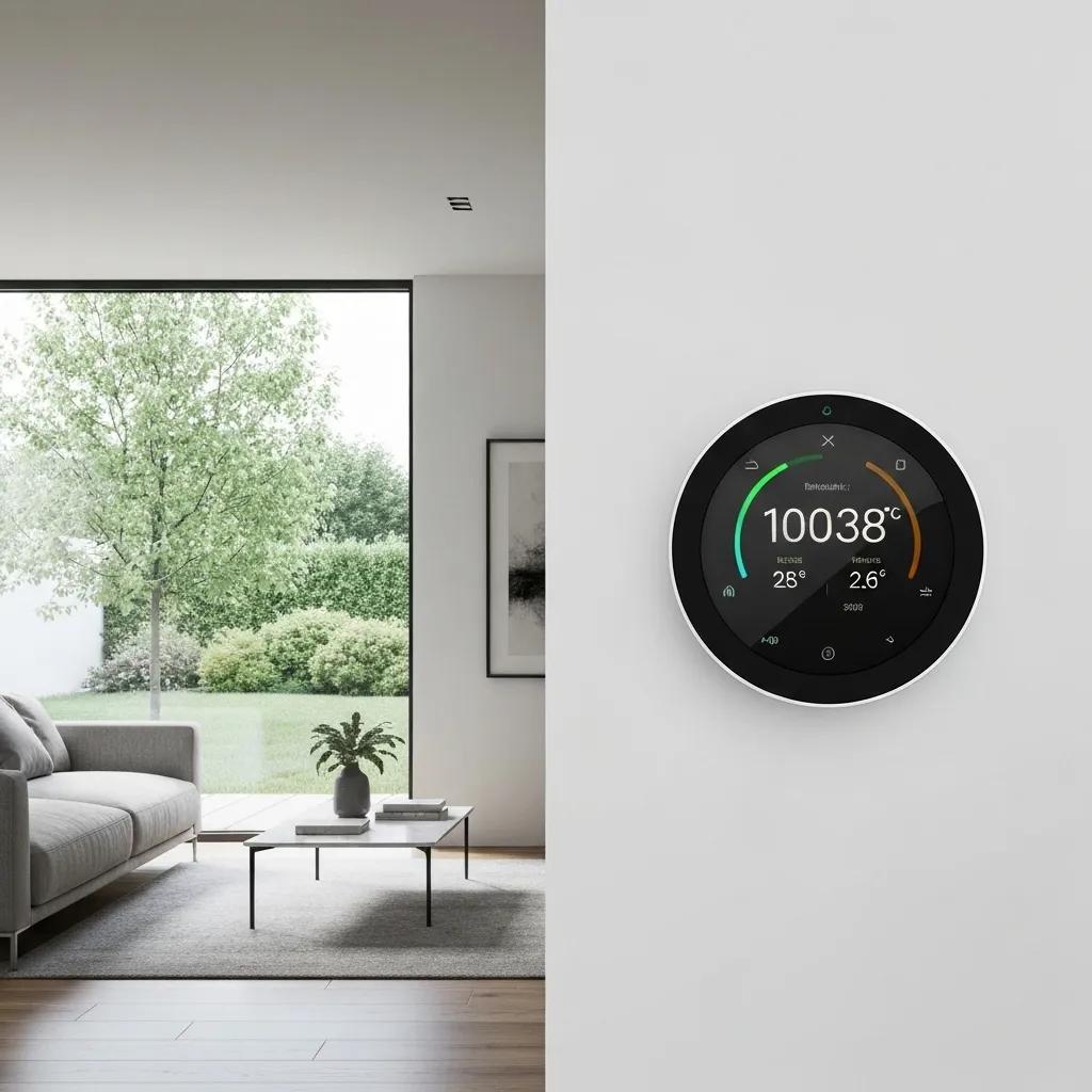 A smart thermostat mounted on a wall in a contemporary home, symbolizing energy-saving heating technologies