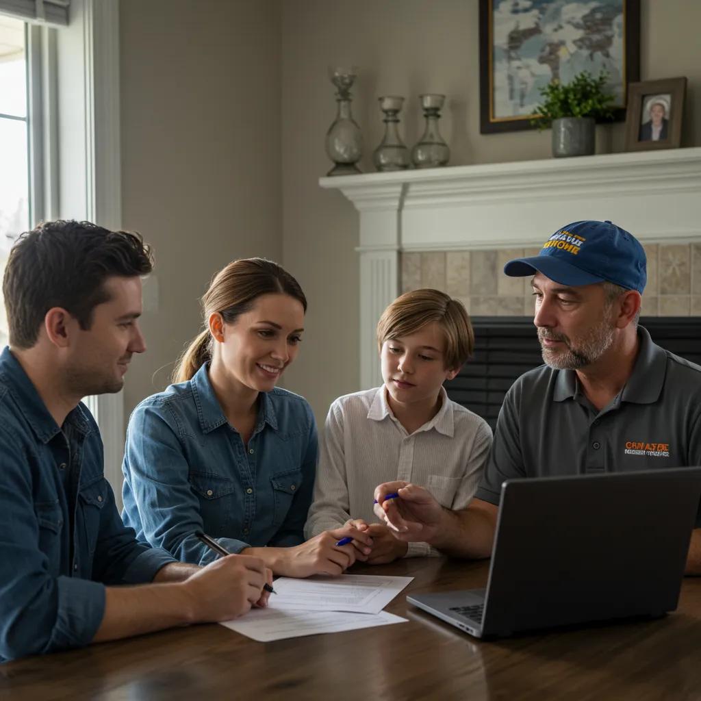 A family discussing HVAC financing options with a Tri-Star technician, highlighting affordability and trust in Athens, TN