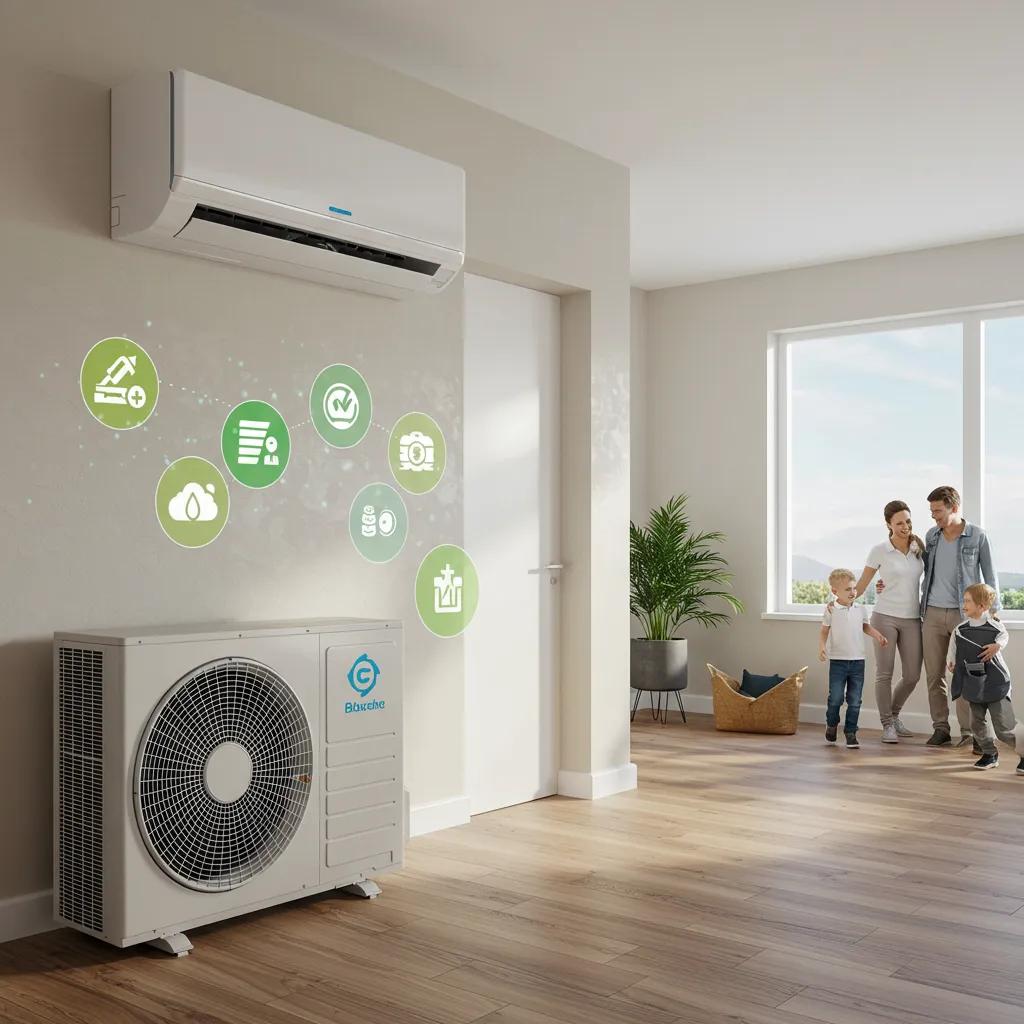 High-efficiency air conditioning unit in a home, illustrating benefits like energy savings and improved air quality