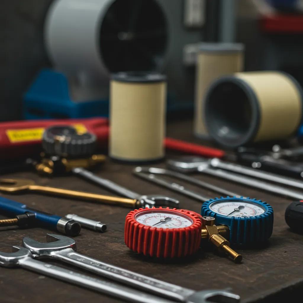 Essential HVAC maintenance tools and equipment neatly arranged on a workbench, highlighting the features of a good maintenance plan