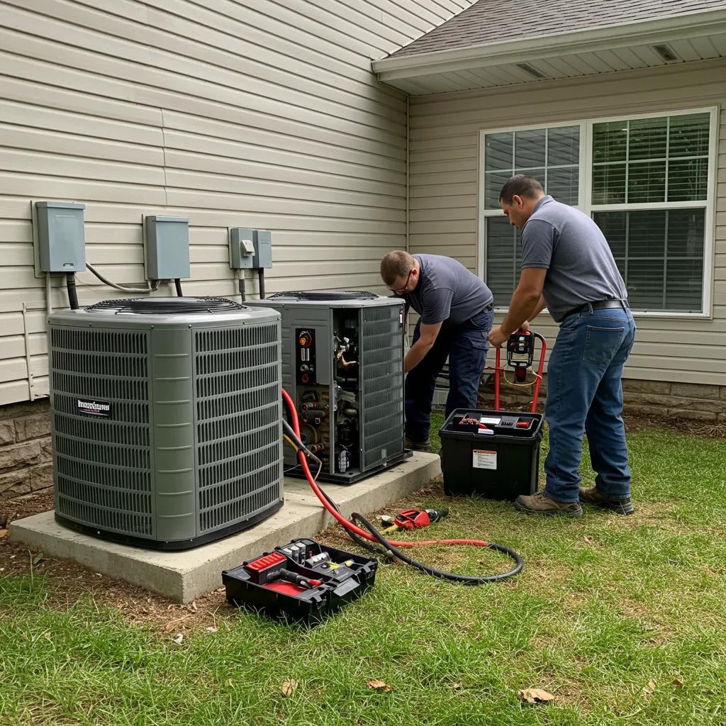 HVAC system installation with technicians working on a central air conditioning unit outside a Madisonville home