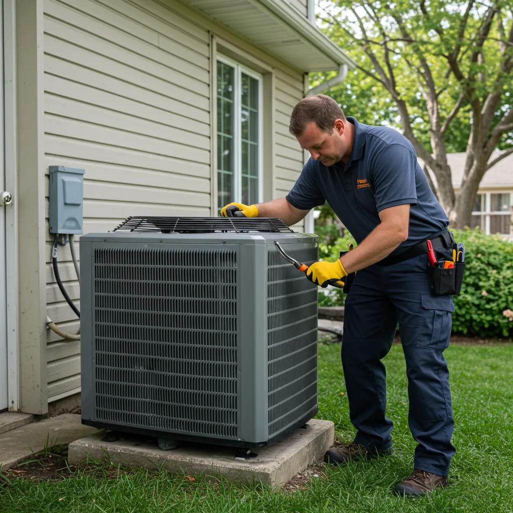 HVAC technician repairing air conditioning unit in a residential home