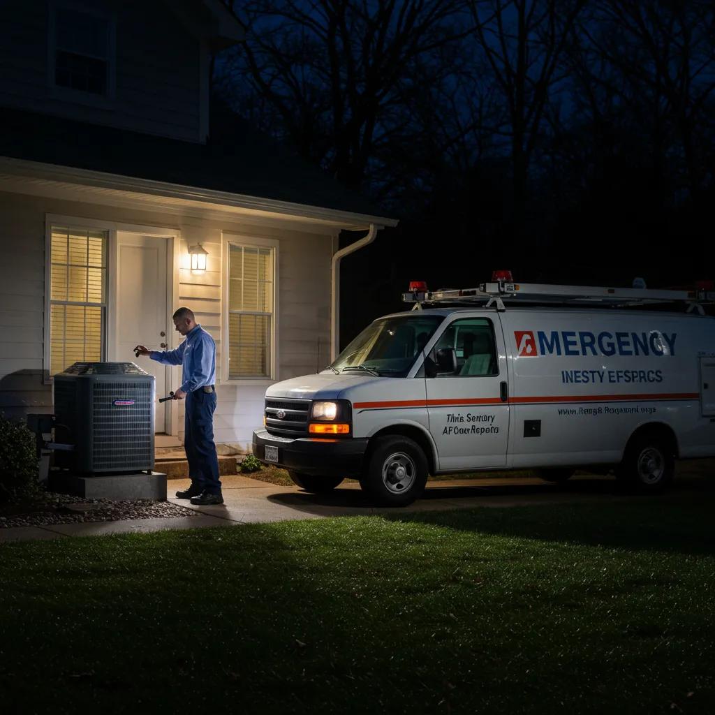 A technician working on an AC unit late at night, using a flashlight for illumination