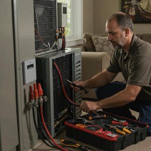 Technician performing HVAC maintenance in a residential setting, showcasing reliability and comfort