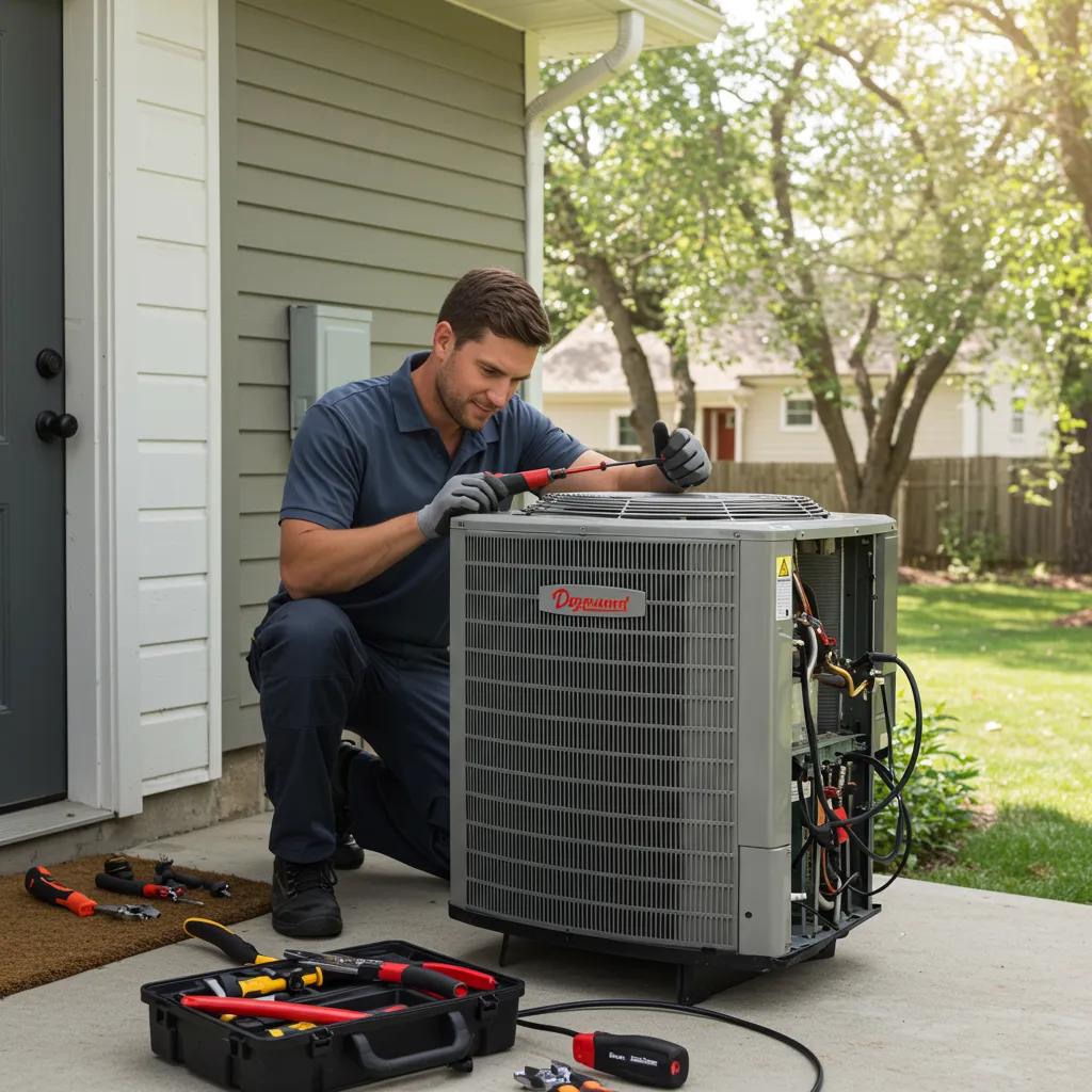 Technician repairing an air conditioning unit in a residential home, showcasing same-day AC repair services