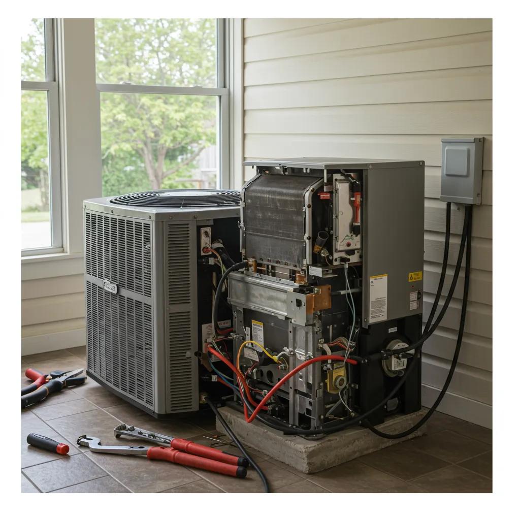 Technician repairing an air conditioning unit, showcasing efficient HVAC service and maintenance