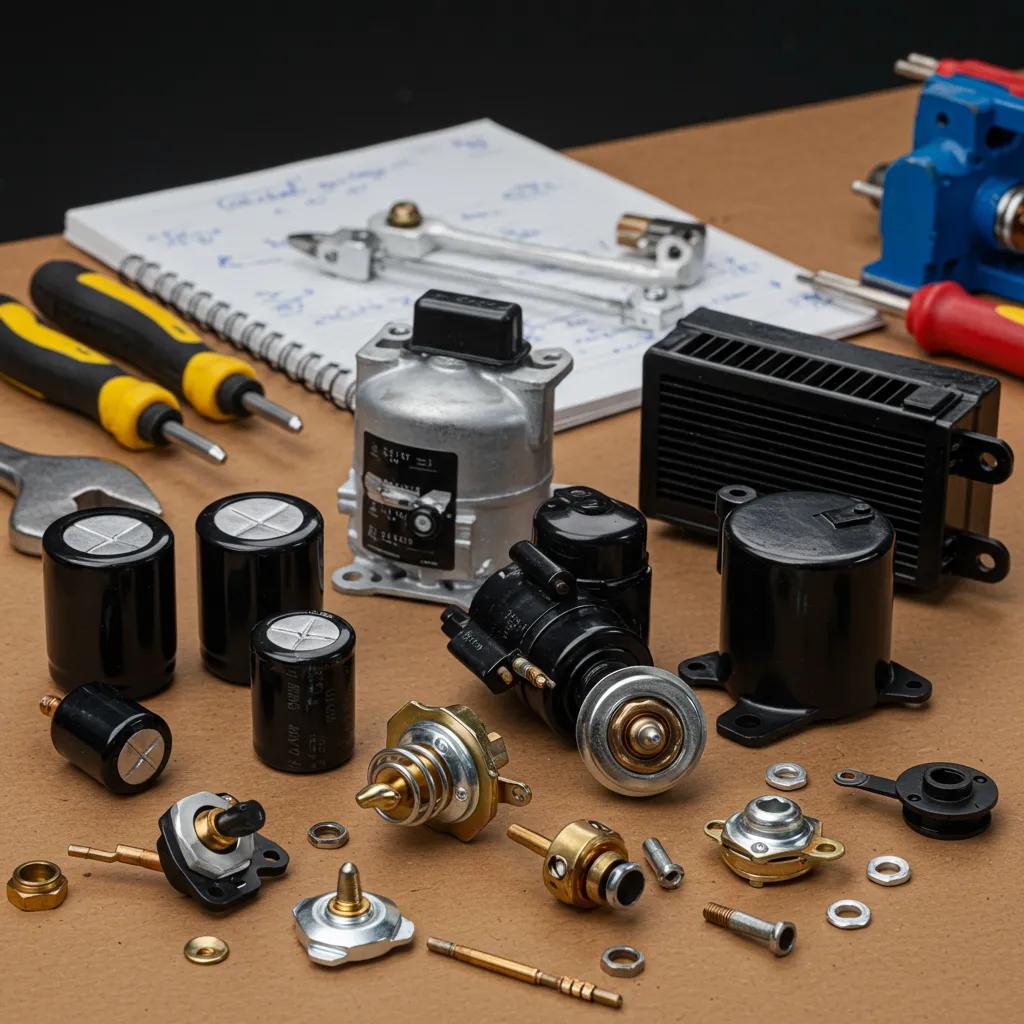 A collection of air conditioning components, including capacitors and compressors, laid out on a workbench