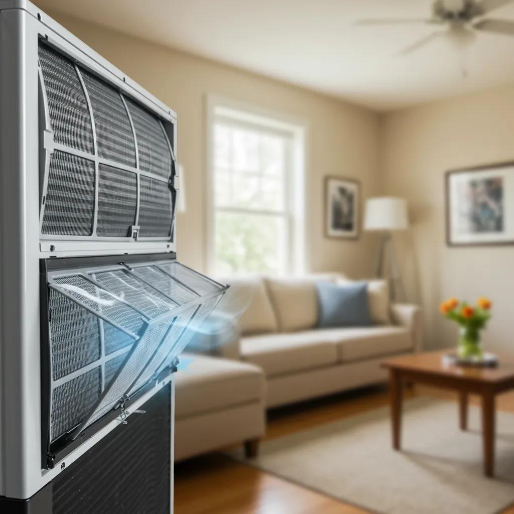 Sparkling clean air conditioner in a comfortable living room, showing the benefits of regular maintenance for energy savings