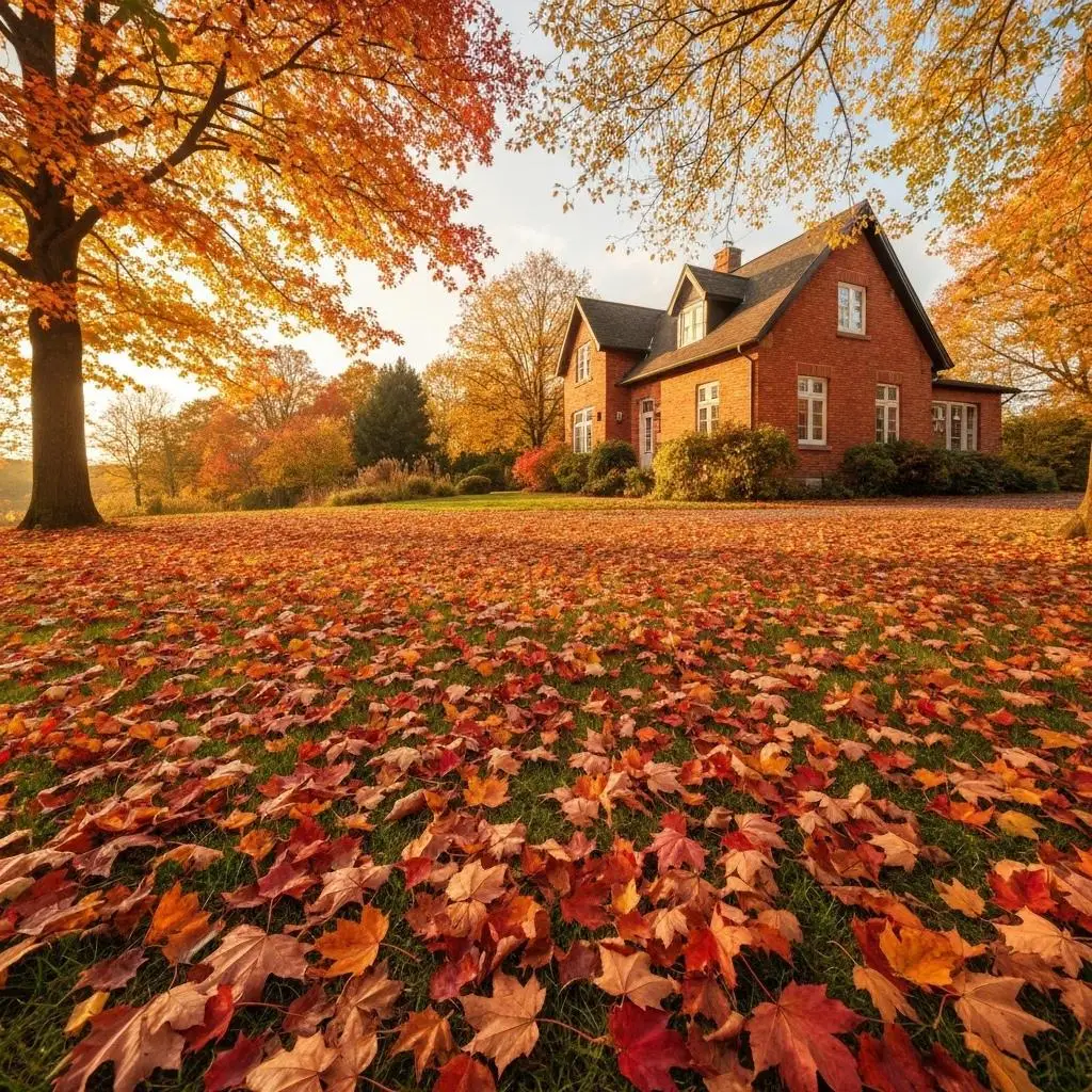 ### Key Elements

**Main Subjects:**
- A charming brick house
- Surrounding trees with vibrant autumn foliage

**Notable Features:**
- Lush, colorful leaves covering the ground
- Warm, golden sunlight illuminating the scene

**Objects:**
- The house features multiple windows and a traditional roof
- Trees in various shades of orange, red, and yellow

**Text or Symbols:**
- No text or symbols present in the image

### Overall Mood or Theme
The image conveys a serene and cozy autumn atmosphere, highlighting the beauty of nature during the fall season. The warm colors and soft lighting create a sense of tranquility and nostalgia, inviting viewers to appreciate the seasonal change.