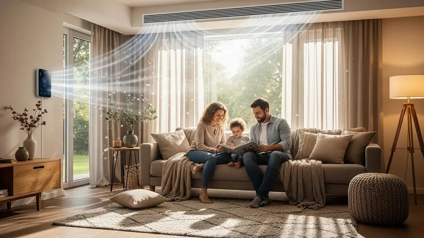 Energy-efficient HVAC system in a cozy home setting, highlighting comfort and modern technology