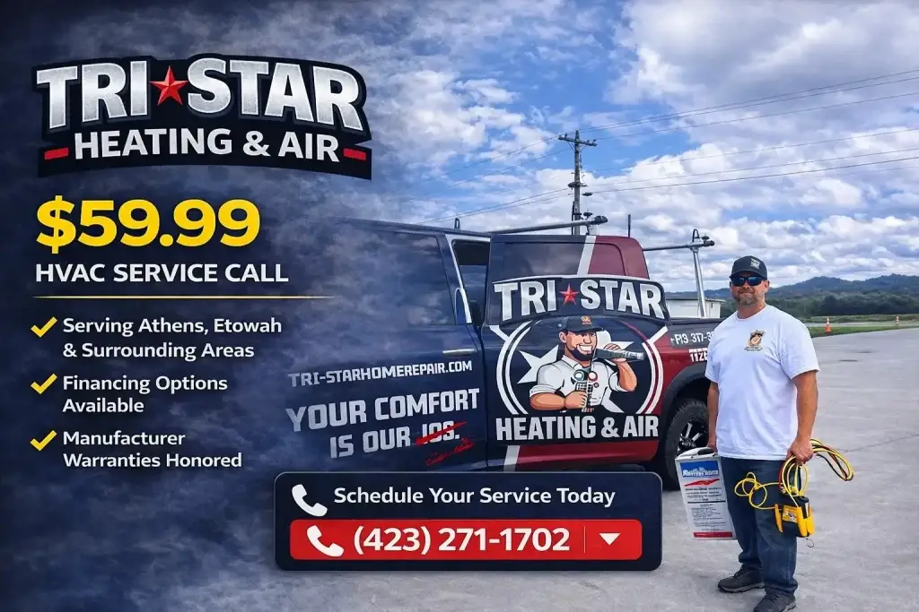 Tri Star Heating & Air ad: technician, branded service van, $59.99 HVAC service.