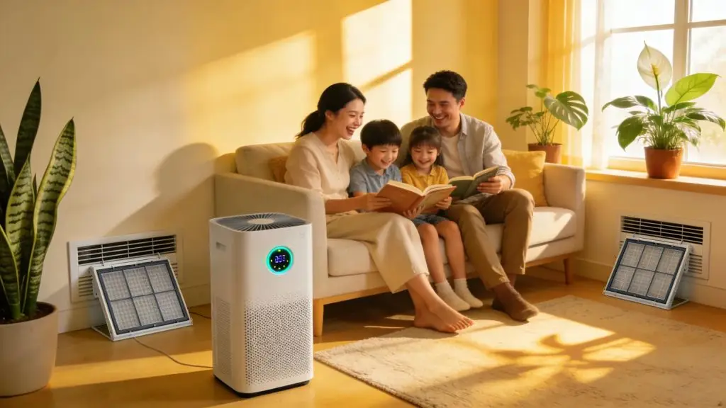 Family in a sunlit room with air purifiers and indoor plants, demonstrating the benefits of air quality improvement.