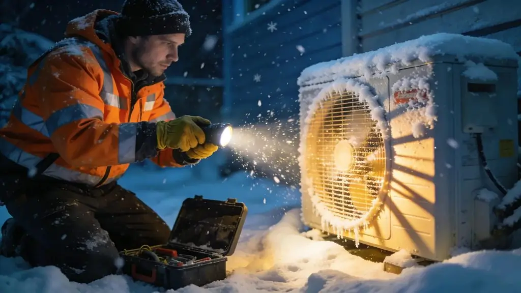 Emergency HVAC technician working on a furnace at night in snowy conditions