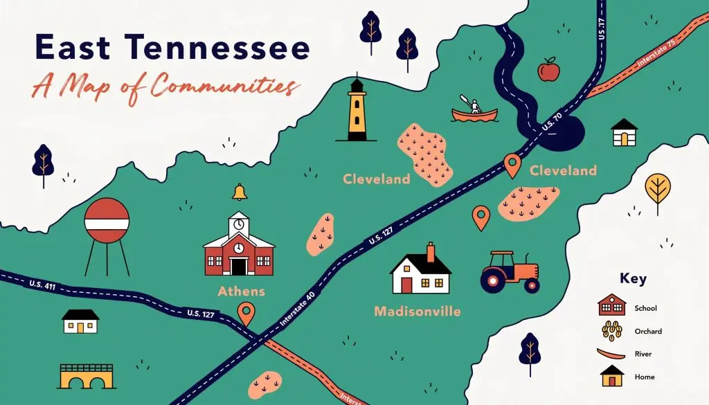 Illustrated map of East Tennessee showcasing HVAC service areas like Athens and Cleveland