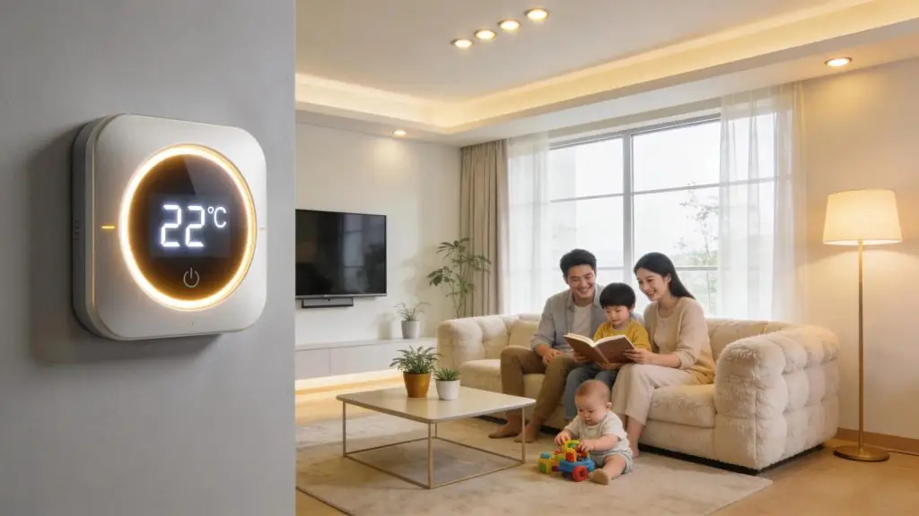 Family enjoying a comfortable home with a visible smart thermostat managing temperature