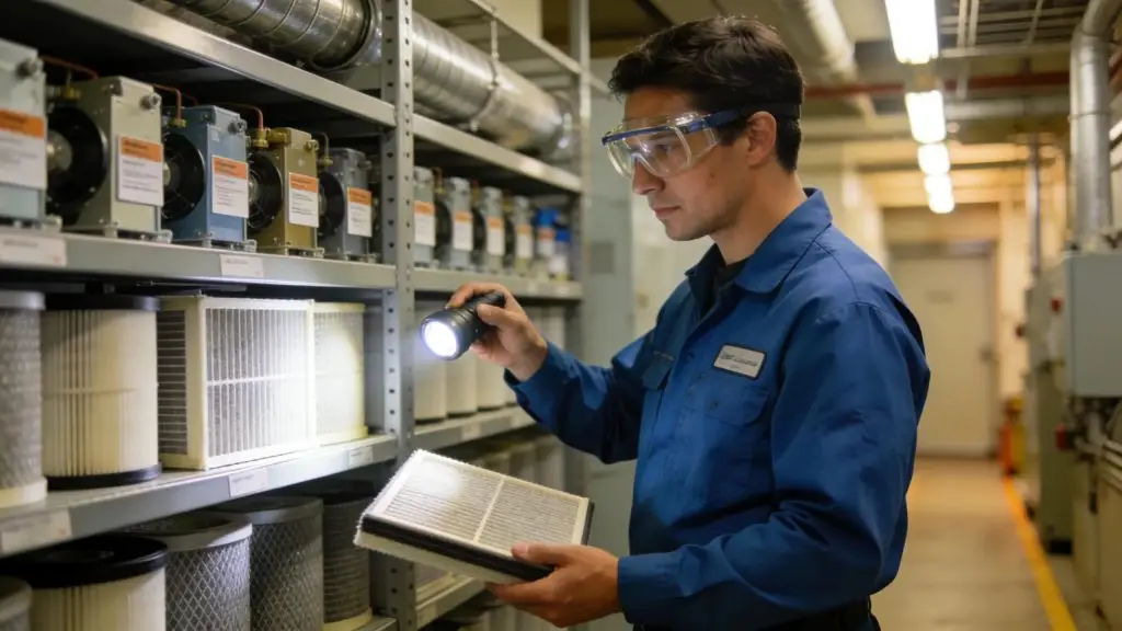 Technician conducting HVAC maintenance in commercial space, stressing energy efficiency and proactive care