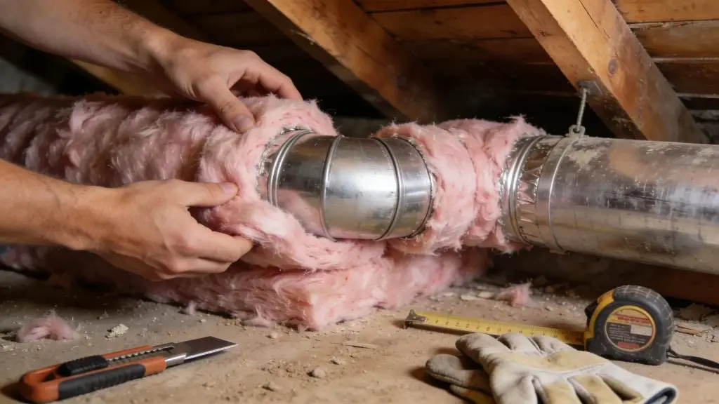 Hands applying insulation around ductwork to enhance energy-saving measures in a home